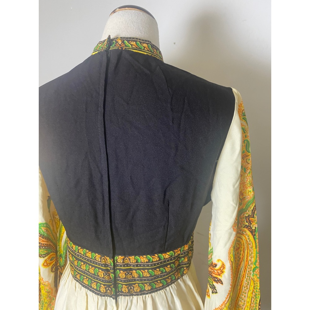 Vintage 1960s Paisley Maxi Dress Mock Neck Boho Mod Long Sleeve Black Gold Green - Picture 8 of 10